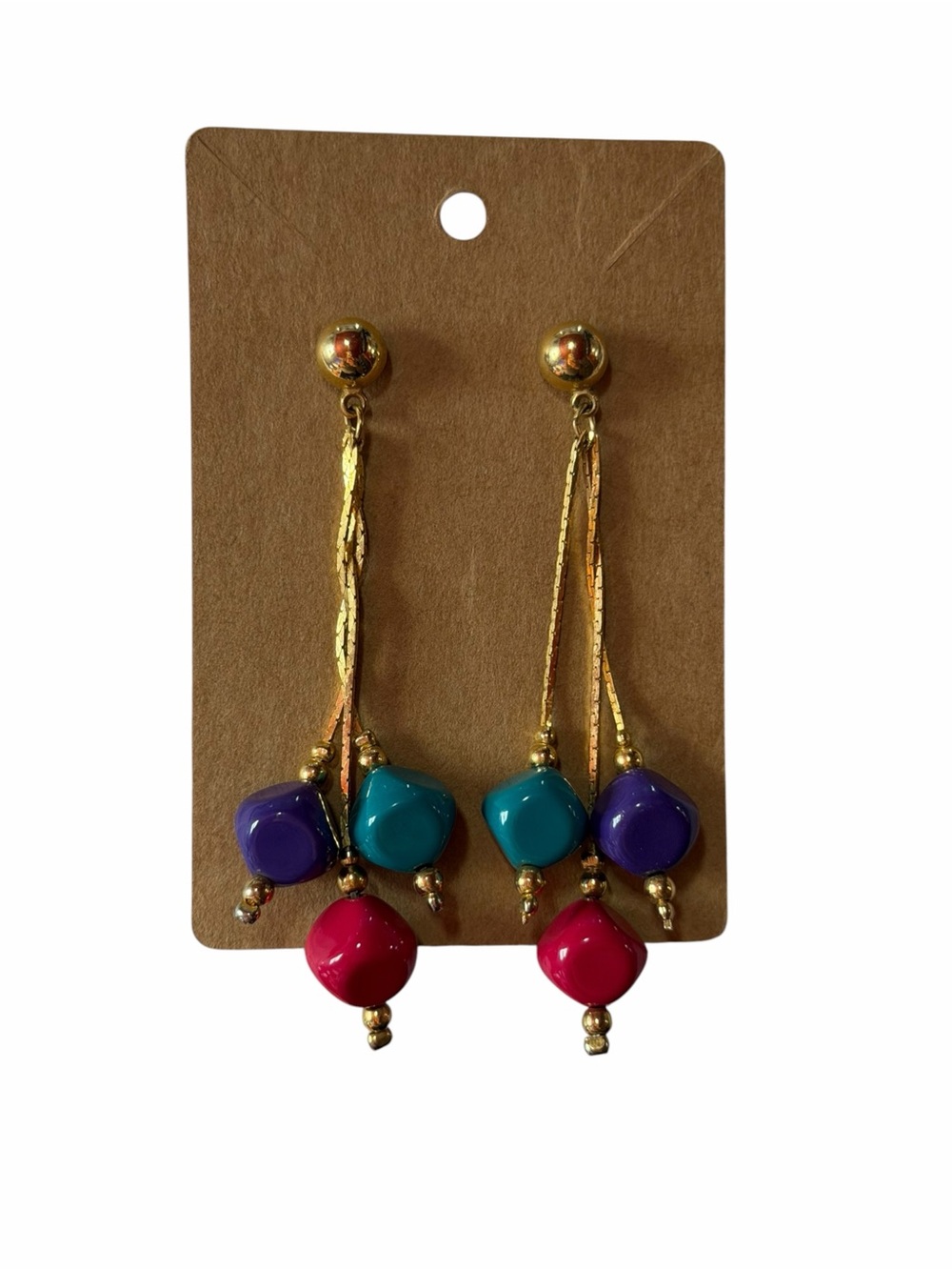 Gold Drop Earrings with Pink, Teal & Purple Beads Vintage Stud
